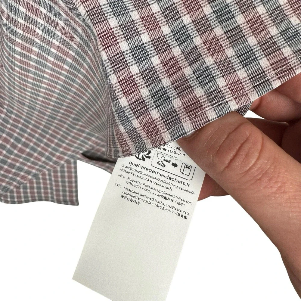Hugo Boss Performance Slim Button Up Plaid Burgundy Blue - Small 14 1/2